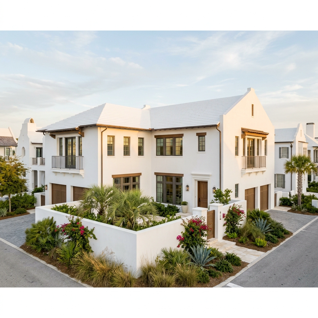 Wide editorial photograph of a luxury white stucco masonry home in Alys Beach on Florida's 30A at golden hour, smooth white walls, a white reflective roof, deep-set impact-rated windows and doors, a private courtyard wall with tropical landscaping, soft Gulf Coast sky in pale blue. Warm mustard gold (#ae9150) light on the walls, brown (#856c42) wood accents, clean white and light grey (#e4e4e6) palette, crisp, bright, sophisticated real estate magazine style.