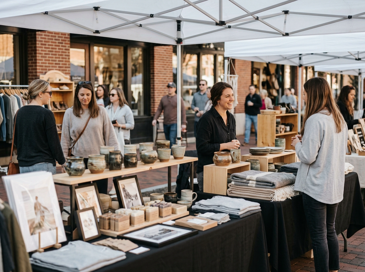 Warm, natural-light documentary photograph of a lively outdoor artisan pop-up market in downtown Raleigh, North Carolina. Wooden tables under white canopies display handmade pottery, bars of soap, framed fine art, and folded apparel, with vintage finds on racks. Shoppers browse casually and a maker chats with a customer. Soft, shallow depth of field, muted natural tones that suit a palette of charcoal #333333, light gray #F5F5F5, and white. A hint of brick storefronts in the background. No text, no logos.