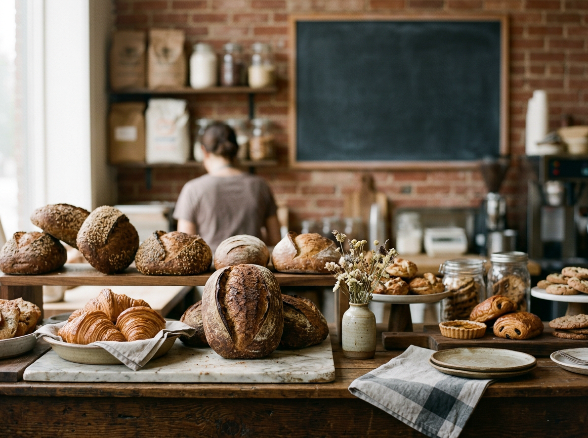 Warm, inviting editorial photograph of an independent Raleigh neighborhood bakery counter, with rustic heirloom-grain sourdough loaves, golden French croissants, and small-batch confections on marble and wood surfaces. Soft natural window light, shallow depth of field, a restrained palette of charcoal gray (#333333) and soft light gray (#F5F5F5) in the linens, ceramic plates and chalkboard accents. Cozy, artisanal, handmade mood. No text, no logos, no recognizable faces.