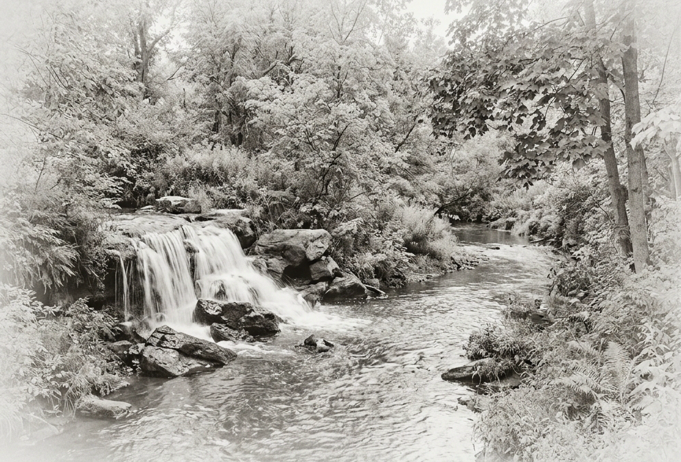 Create a subtle atmospheric photographic background evoking the waterfall and river setting at Mill Race Village in Northville, Michigan. Focus on flowing water, natural riverbank vegetation and softly textured foliage, without inventing identifiable buildings or signs. Monochrome charcoal #333333 and pale gray #F5F5F5 treatment, soft diffuse daylight, fine heritage-print grain, very low contrast, fading toward the left into a light gray background to preserve title readability. No people, text, logos or labels. Wide landscape composition.