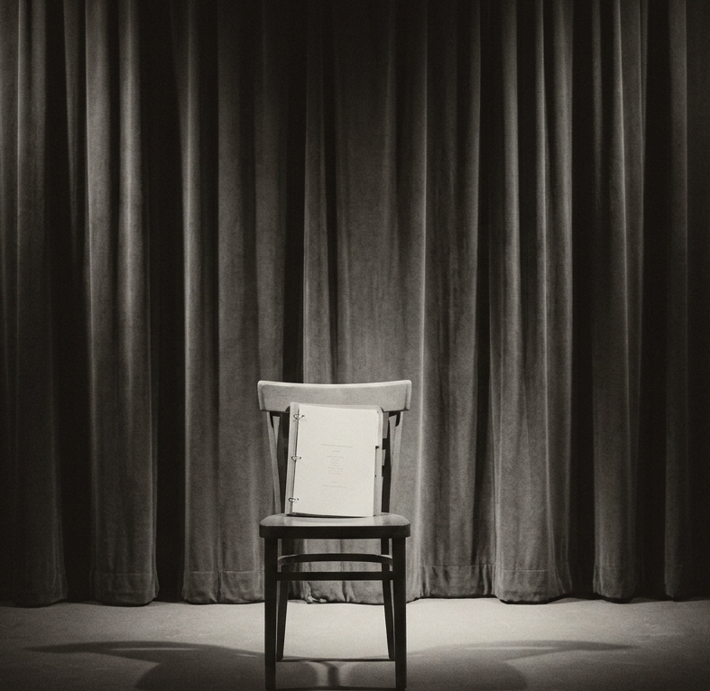 Create a refined black-and-white editorial photograph of an intimate, unoccupied theater stage, with a single simple wooden chair, a script resting on the seat, dark theatrical curtains and a soft diagonal spotlight. Restrained charcoal #333333 and pale gray #F5F5F5 palette, tactile film grain, natural shadows, calm welcoming mood for a beginner audition guide. Frame the chair centrally with ample negative space so the composition also crops gracefully into a wide horizontal strip. No people, lettering, logos, signage, identifiable building, or location-specific architectural features.