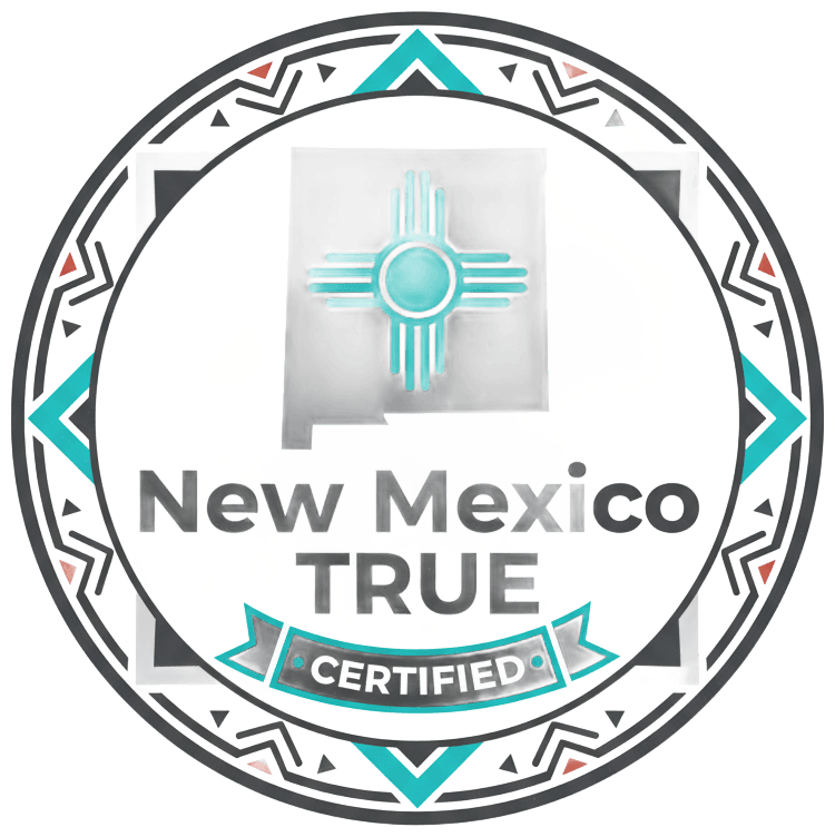 Official New Mexico True Certified Logo featuring the state of New Mexico shape integrated with a Zia sun symbol. Clean, professional vector design in dark gray (#333333) with strategic use of turquoise and red accents. The logo should include 'New Mexico TRUE' text in bold, modern typography. Southwestern geometric patterns subtly incorporated around the border. Flat design style with a certified badge or seal appearance, official government certification aesthetic.