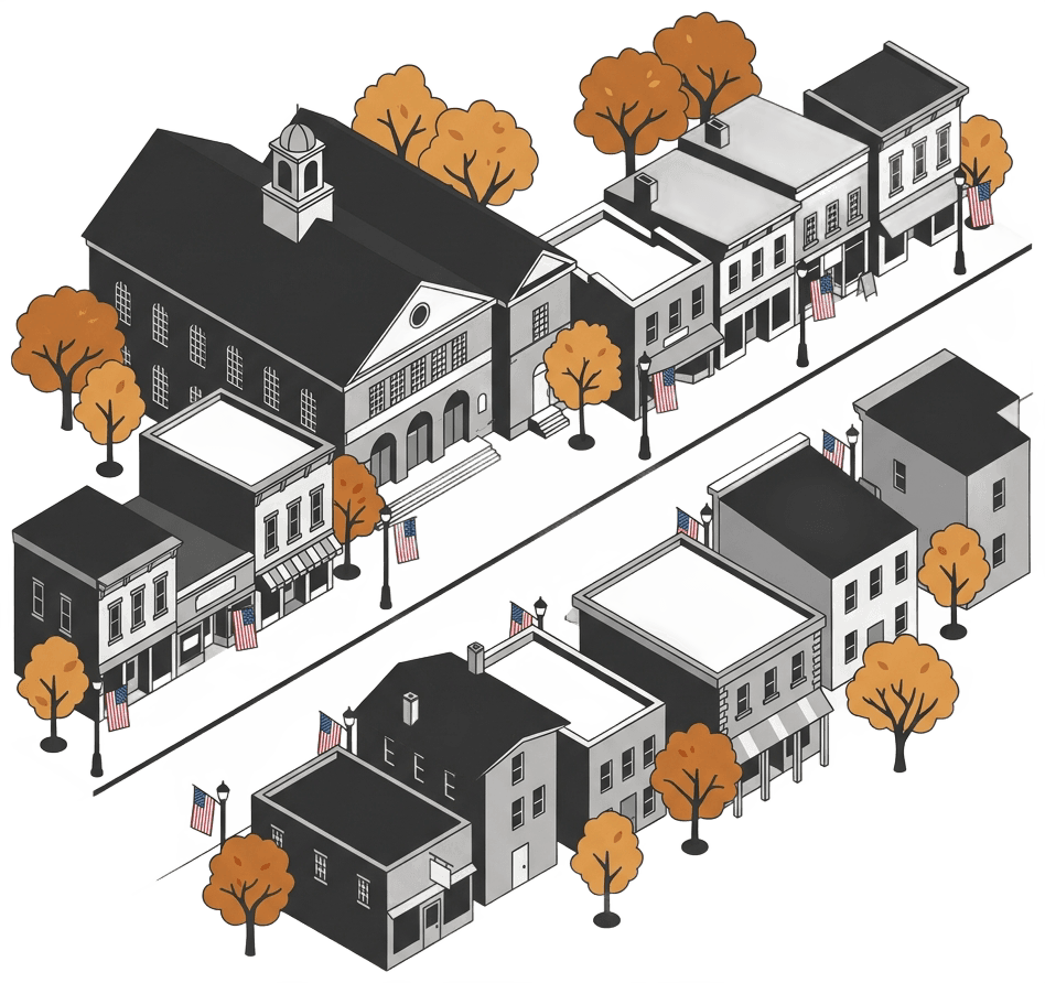 Flat vector illustration of Cooperstown New York village street scene with baseball hall of fame building, small shops, American flags, warm autumn trees, clean minimal style, color palette strictly #333333 dark gray and #F5F5F5 light gray with subtle mid-tone grays, no text, birds-eye slightly angled perspective, charming small-town architecture
