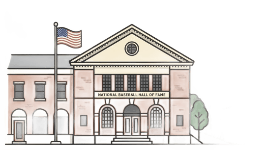 Flat vector illustration of the National Baseball Hall of Fame building in Cooperstown NY, classic brick facade with arched entrance, American flag, small town street scene, dark gray #333333 outlines, warm cream and brick red tones, light gray #F5F5F5 accents, clean minimal illustration style matching dark infographic background