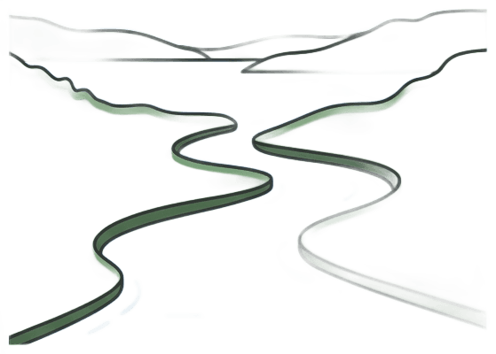 Flat vector illustration of a river source flowing from a lake into a winding stream, representing the Susquehanna River headwaters at Otsego Lake, lush green riverbanks, blue water with gentle ripple marks, dark gray #333333 outlines, muted forest green and sky blue palette, clean minimal style for dark infographic