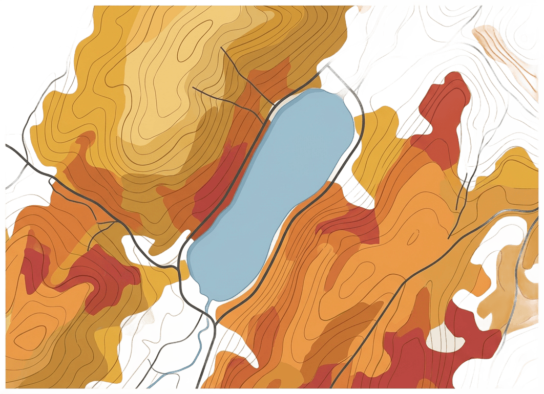 Flat vector illustrated map of the Otsego Lake region in Cooperstown, New York. The lake appears as a gentle blue elongated teardrop shape in the center. Surrounding rolling hills and forests are depicted in autumn colors: gold, amber, orange, and crimson. The style is clean, minimal, and modern with a warm earthy palette matching #333333 dark outlines, #F5F5F5 background areas, and rich autumn foliage tones. Include subtle topographic contour lines in light brown. No text labels. The overall feel is a sophisticated travel infographic map.