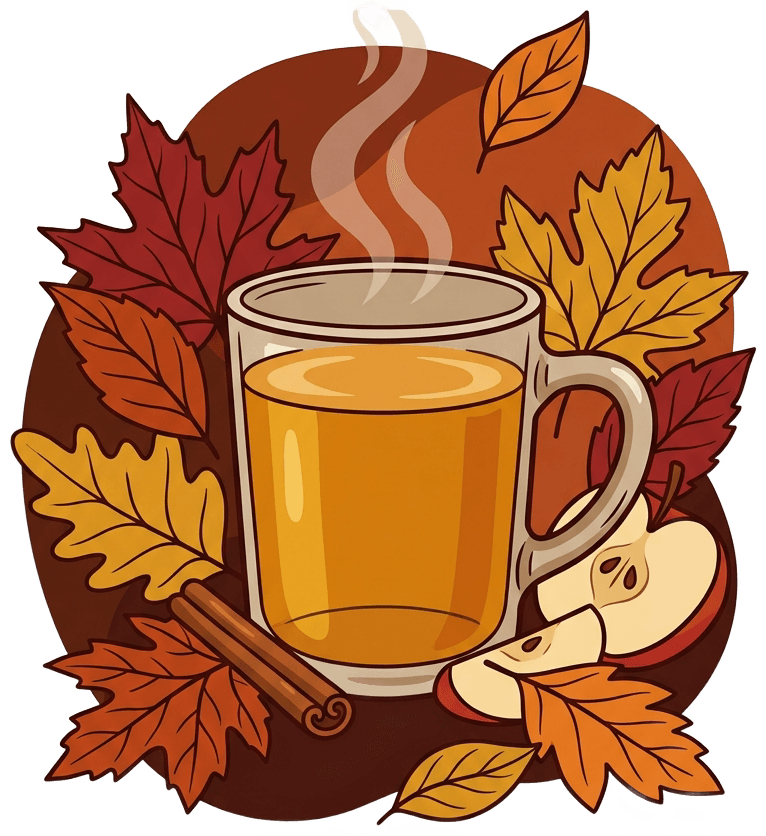 Vector art illustration of a rustic glass mug filled with golden amber cider, steam rising gently, surrounded by autumn leaves in deep red, burnt orange, and golden yellow, a small cinnamon stick resting against the mug, apple slices nearby, illustrated in a warm folk-art style, rich warm background tones of deep brown and burnt sienna, no text, transparent background, tight composition
