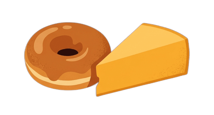 Vector art flat illustration of a warm glazed cider donut next to a golden wedge of sharp New York State cheddar cheese, rendered in warm autumn tones of caramel, amber and cream, clean simple shapes with a slight texture, cozy folk-art aesthetic, deep dark brown background, no text