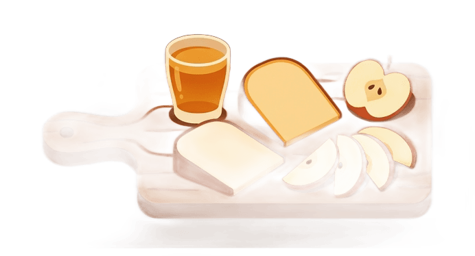 Vector art flat illustration of a rustic wooden charcuterie board with a small glass of amber hard cider, smoked gouda cheese wedge, and crisp fresh apple slices fanned out, illustrated in warm harvest tones of amber, smoky gold and cream, folk-art aesthetic, deep brown background, no text