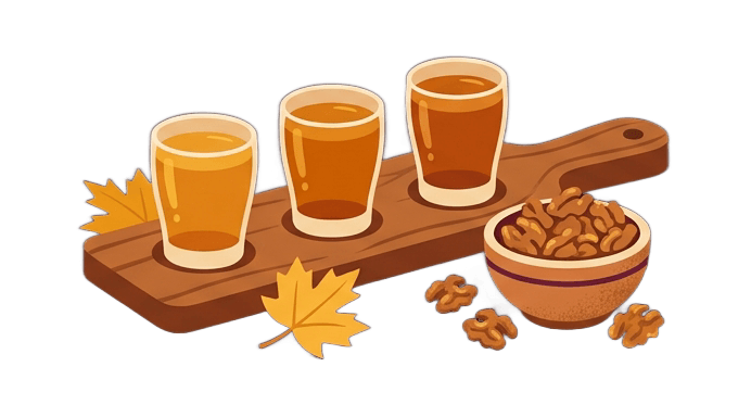 Vector art flat illustration of a flight of three small amber cider glasses on a wooden tasting paddle next to a small ceramic bowl of maple-candied walnuts with scattered golden maple leaves, illustrated in a refined folk-art style with warm amber, maple gold and deep plum accent tones, dark background, no text