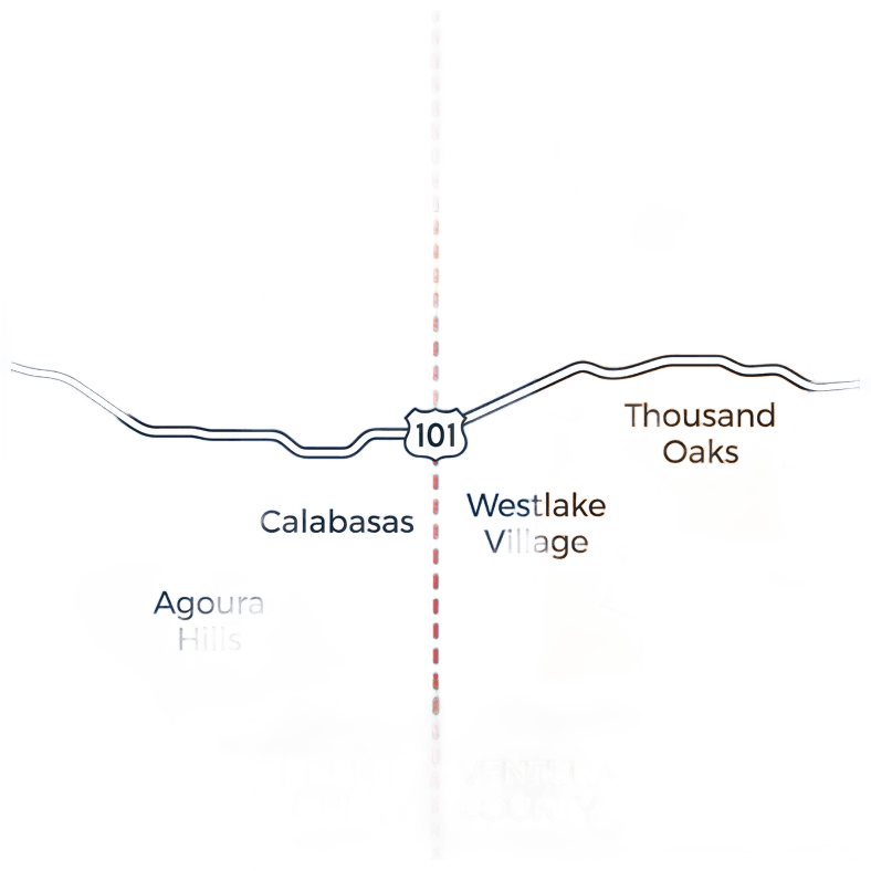 Clean flat vector-style map illustration of the Calabasas, California region showing Highway 101 running east-to-west. Left/east side shaded in soft blue representing Los Angeles County with labels for Woodland Hills, Calabasas (highlighted with a glowing dot), Agoura Hills. Center shows a dashed red county boundary line. Right/west side shaded in soft orange representing Ventura County with labels for Westlake Village (split/half-blue half-orange) and Thousand Oaks. Style: minimal infographic cartography, flat design, no photo textures, dark navy #1a1a2e background, LA County zones in #3b82f6 tones, Ventura County in #f97316 tones, county line in #ef4444, road marked as 101 shield, clean sans-serif labels in white.