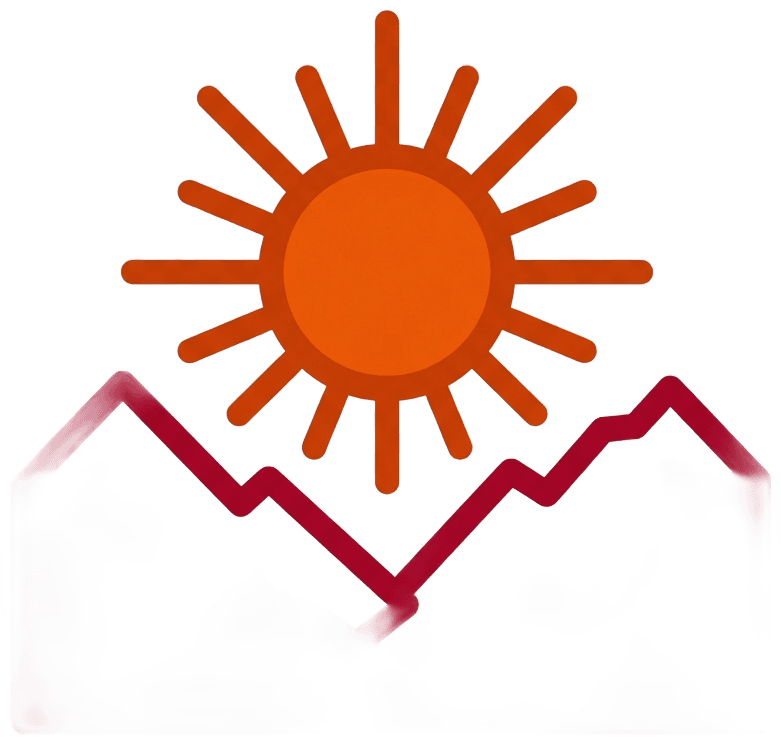 Minimalist vector art icon of a blazing sun over a mountain valley silhouette, using deep orange #ea580c and crimson #c2410c on a transparent background, bold clean lines, no gradients, suitable for infographic header corner decoration, warm desert aesthetic