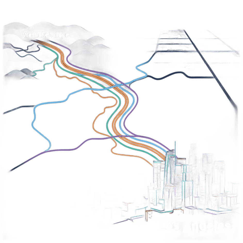 Minimalist vector art map illustration showing a stylized highway corridor from suburban hills labeled 'Westlake Village' winding southeast into a glittering nighttime city skyline labeled 'Los Angeles'. Four glowing route lines in orange, teal, sky-blue, and purple weave across the composition — representing freeway, canyon, bus, and rail routes. Dark navy and deep blue background (#1a1a2e), neon accent lines, semi-transparent city grid in the distance. Clean, modern infographic style with no text overlays.