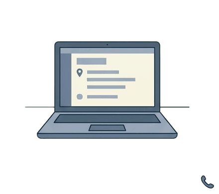 Flat vector illustration of a remote worker's minimal home desk setup with a small location pin icon floating above a laptop screen showing a professional Westlake Village address. Clean geometric style, slate blue tones (#4A6A8A), cream background, tiny envelope and phone icon in the corner. No text, transparent background friendly.