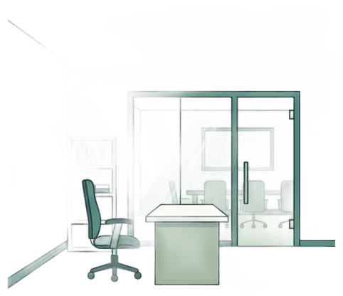 Flat vector illustration of a furnished executive office suite interior with a single desk, ergonomic chair, small bookshelf, and glass partition door. A shared conference room is subtly visible in background. Clean geometric lines, sage green and cream palette matching teal-green accent #3A8A6A, warm white surfaces. No text or labels, minimal icon style illustration.