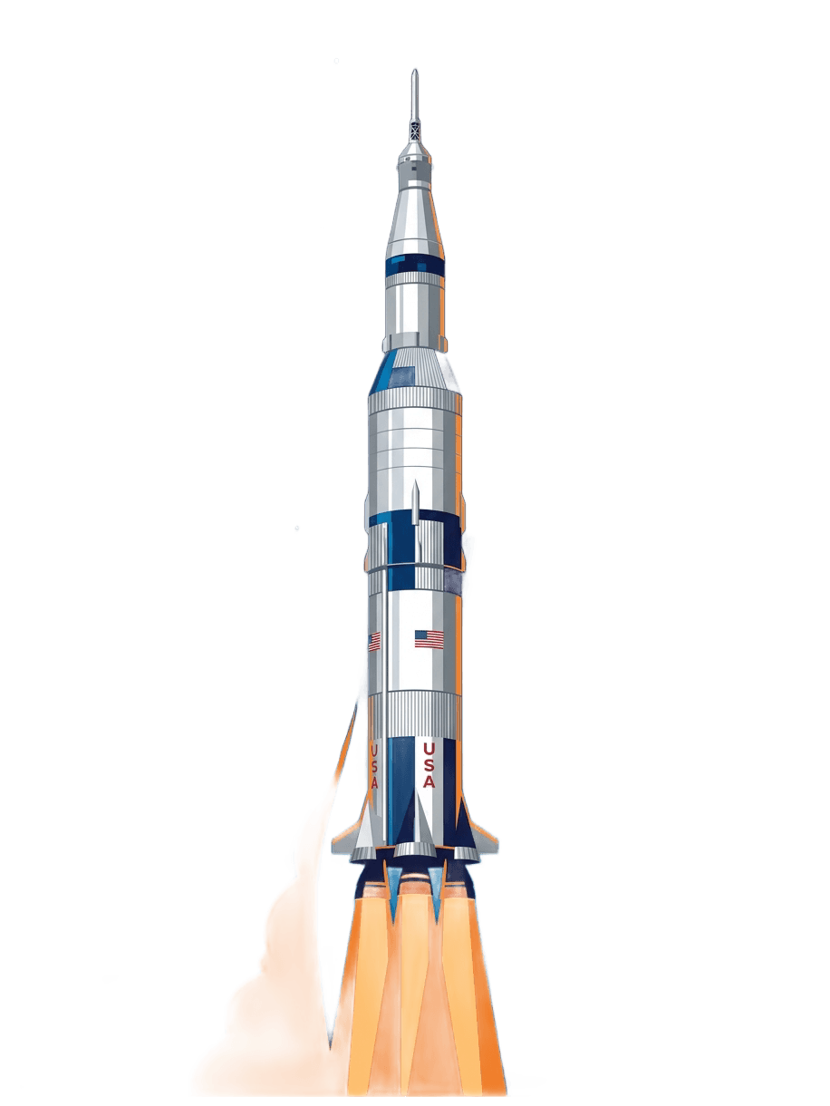 A dramatic vertical vector art illustration of the historic Saturn V rocket launching against a deep midnight blue space gradient sky. The rocket is rendered in a bold, stylized flat-graphic style with silver and white metallic segments, orange flame exhaust plumes at the base, and subtle USA flag decals. Background features scattered white star dots and a faint suggestion of Earth's atmosphere curvature at the bottom. Color palette: deep navy #0a0e1a, electric blue #3b82f6, warm orange launch flame, silver-white rocket body. Clean, geometric, retro NASA golden-age aesthetic.