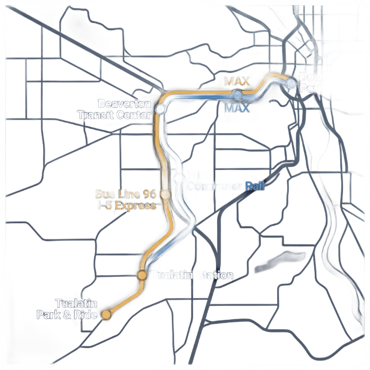 A clean, stylized transit map illustration showing the corridor between Tualatin, Oregon and Downtown Portland. Features two highlighted route lines: an amber/gold line tracing Interstate 5 northward labeled 'Bus Line 96 I-5 Express', and a blue line showing the WES Commuter Rail path north to Beaverton Transit Center then connecting eastward into Downtown Portland via MAX lines. Key stops labeled: Tualatin Park & Ride, Tualatin Station, Beaverton Transit Center, Downtown Portland. Map uses a dark navy #1a1a2e background with muted gray street grid, glowing colored route lines, circular station markers in amber and blue, and white label text. Modern flat design style, minimal UI, no photorealism. Color palette consistent with dark navy to midnight blue gradient (#1a1a2e, #0f3460), amber (#f59e0b), and blue (#3b82f6) accents.