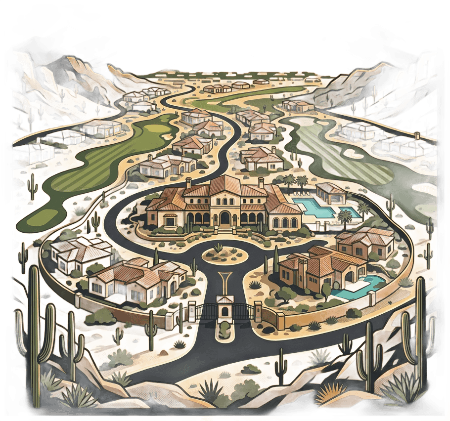 Aerial panoramic illustration of a luxury guard-gated desert golf community nestled within rugged canyon terrain in Scottsdale Arizona. Warm golden-hour light, McDowell Mountain silhouettes in the background, lush fairways winding between Spanish Mediterranean-style estate homes with terracotta roofs, a grand 50000 square foot clubhouse visible at center, resort pools shimmering, desert saguaro cacti framing the foreground. Color palette of deep charcoal #1a1a1a backgrounds with warm gold #c9a96e highlights, dusty sand tones, terracotta oranges, and sage greens. Flat vector art illustration style with subtle depth and texture, sophisticated and refined aesthetic suited for a luxury real estate infographic.