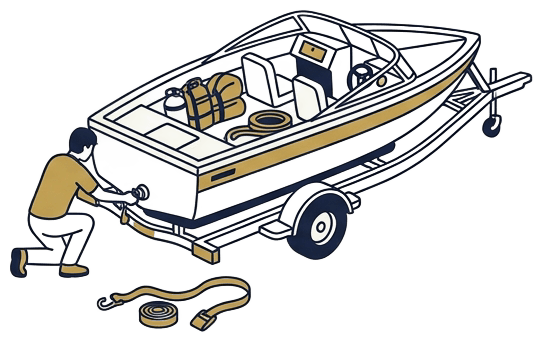 Flat vector illustration of a person installing a drain plug on a boat on a trailer, with gear organized neatly inside the boat, and a removed tie-down strap shown in the foreground. Background is very light cream (#FDF8F0). Dark navy (#232F3D) line art style with gold (#AF9448) accent highlights on key elements. Clean modern minimal style. No text.