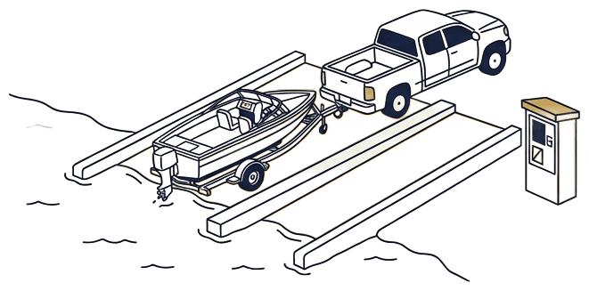 Flat vector illustration of a pickup truck backing a boat trailer smoothly down a two-lane concrete boat ramp into calm lake water. Top-down or 3/4 perspective. Background is very light cream (#FDF8F0). Dark navy (#232F3D) line art with gold (#AF9448) accent on the launch lanes and fee kiosk shown to the side. Clean modern minimal style. No text.