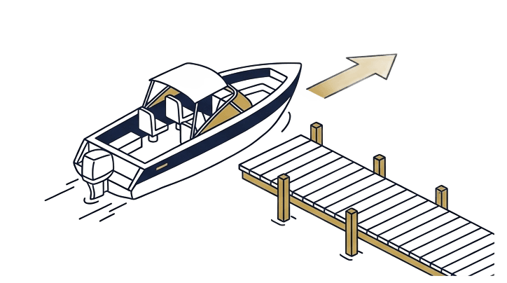 Flat vector illustration of a motorboat at a wooden courtesy dock, arrow indicating the boat moving away from the dock to clear space for the next vessel. Lake Tapps Pacific Northwest background suggested. Color palette: cream (#FDF8F0) background, dark navy (#232F3D) lines, gold (#AF9448) on arrow and dock highlights. Clean minimal modern vector style. No text.