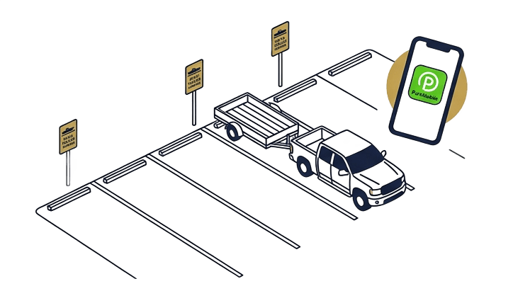 Flat vector illustration of a parking lot with extra-long trailer stalls marked with boat-trailer parking signs. A truck and trailer are neatly parked in a long stall. A smartphone showing the ParkMobile app icon floats nearby. Color palette: cream (#FDF8F0) background, dark navy (#232F3D) line art, gold (#AF9448) on the parking signs and phone highlight. Clean minimal modern vector style. No text.