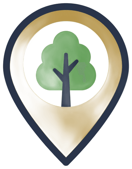 Minimalist flat vector illustration of a park map pin with a green tree icon inside, styled with dark slate blue (#212841) and muted gold (#b6944b) colors on a white background. Clean, simple, modern icon style. Small square format.
