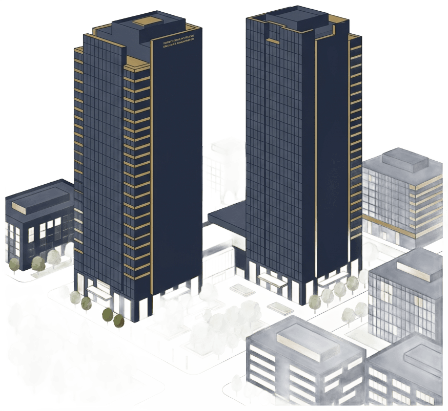 Flat vector illustration of a modern downtown tech campus district in Bellevue, Washington. Two massive glass skyscrapers labeled with subtle architectural detail stand side by side, surrounded by smaller office buildings, green trees, and pedestrian plazas. Color palette: dark slate blue (#212841) for building facades, muted gold (#b6944b) for window highlights and accent elements, olive green (#5d7237) for trees and park areas, off-white (#edeae2) for sidewalks and sky. Clean geometric minimalist style, professional infographic illustration quality.