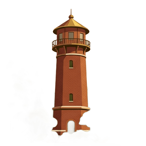 Stylized vector illustration of the Volunteer Park Water Tower in Seattle, a tall brick cylindrical tower with an observatory at the top, surrounded by lush green trees. Earthy tones matching a gold and taupe color palette — warm brick reds, deep olive greens, golden accents on the tower cap. Flat minimalist illustration style with subtle shadows.