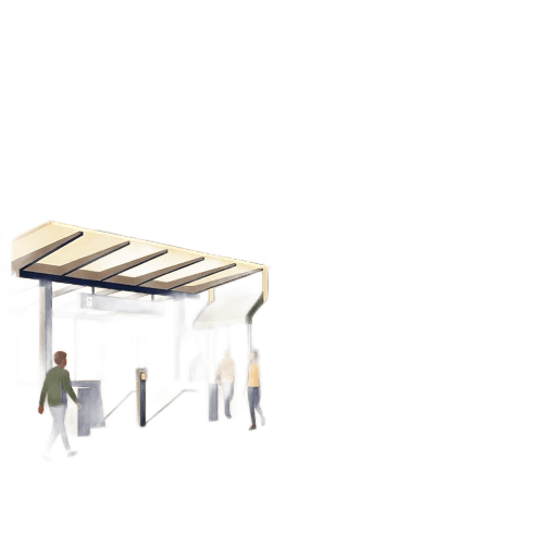 Stylized vector illustration of the Broadway street scene in Capitol Hill Seattle, showing colorful indie storefronts, a light rail station entrance with a modern canopy, pedestrians, and hanging string lights. Color palette: warm gold, taupe, deep navy, and earthy greens. Flat geometric illustration style, vibrant but understated, with a warm golden-hour glow.