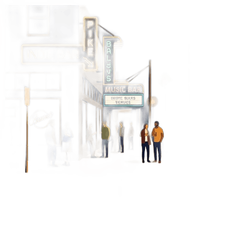 Stylized vector illustration of the Pike Pine corridor in Capitol Hill Seattle at night, showing neon-lit indie bar and music venue facades, a rainbow crosswalk in the foreground, and people gathered outside. Color palette: deep navy background, gold neon glows, earthy taupe sidewalk, warm amber street lights. Flat art deco-influenced illustration with bold outlines.