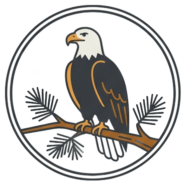 Flat vector illustration of a bald eagle perched on a pine branch against a muted sky, in a circular badge frame. Colors: #333333 dark gray, #C8922A amber, #F5F5F5 light background. Clean minimal line art, no text, travel infographic icon style.