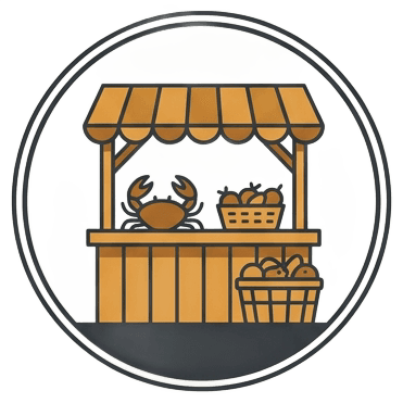 Flat vector illustration of a wooden roadside farm stand with crab and produce baskets, in a circular badge frame. Colors: #333333 dark gray, #C8922A amber, #F5F5F5 light background. Clean minimal line art, no text, travel infographic icon style.