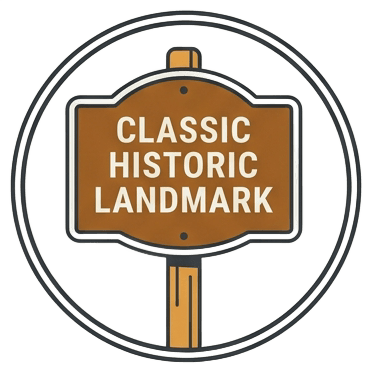 Flat vector illustration of a classic brown roadside historic landmark sign on a post, in a circular badge frame. Colors: #333333 dark gray, #C8922A amber, #F5F5F5 light background. Clean minimal line art, no text, travel infographic icon style.