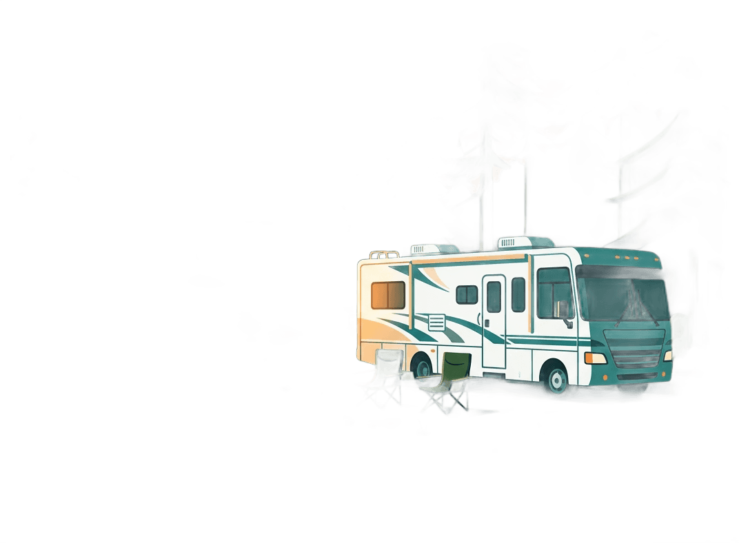 Flat vector art illustration of a white and teal Class A motorhome parked beside the Potomac River at sunset, surrounded by tall pine trees and green camping chairs. Warm amber and deep teal color palette matching a dark forest green infographic theme. Clean minimal lines, no text, transparent background.