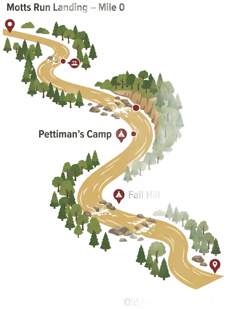 Stylized illustrated river map of the Rappahannock River paddling route near Fredericksburg, Virginia. The map shows a winding river flowing from upper-left (labeled 'Motts Run Landing – Mile 0') through forested bluffs and rocky rapids to lower-right (labeled 'Old Mill Park – Mile 4.5'). Midpoints labeled 'Pettiman\'s Camp' and 'Fall Hill'. Illustrated in a warm flat-design style using infographic palette colors: warm white background #FFFFFF, beige-gold #EFDEC2 for the river, dark red #DB0E3E for route markers, and dark gray #2D2D2D for text labels. Green illustrated trees line the banks. Clean, minimal, editorial vector art style suitable for a travel infographic.