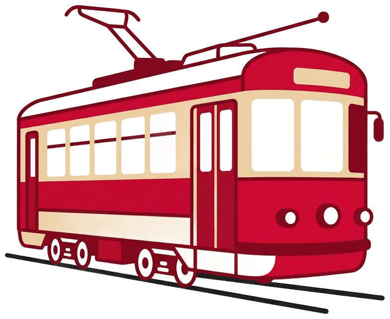 Minimalist flat vector illustration of a red and cream vintage trolley car with simple bold shapes. Style: clean icon design with the color palette of deep red #DB0E3E, warm beige #EFDEC2, and white. Transparent background. No text. Suitable for use as a small decorative infographic accent icon.