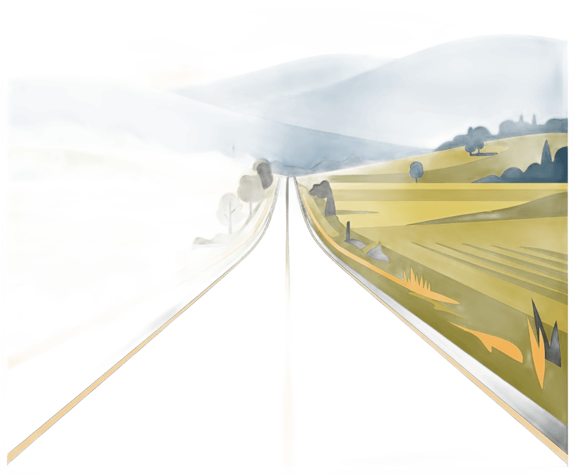 Minimalist vector illustration of a highway stretching westward through Virginia countryside toward rolling blue hills, vintage road-trip poster style. Warm charcoal road flanked by golden-green fields. Color palette matching infographic: deep charcoal #333333 and light gray #F5F5F5 with warm amber accents. Clean flat design.