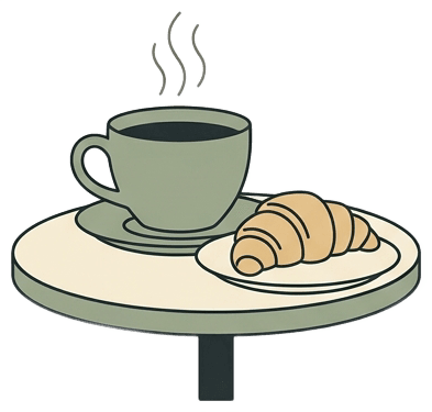 Flat vector illustration of a warm ceramic coffee cup with steam rising, a croissant pastry beside it, on a small cafe table. Sage green, warm cream, charcoal color palette. Clean minimal line art style with subtle fills. No text.