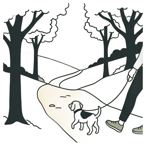 Flat vector illustration of a hiking trail winding up a gentle hillside with a small dog on a leash walking alongside a person's legs. Tall oak trees frame the path. Sage green, warm cream, and deep charcoal color palette. Minimal clean line art with subtle fills. No text.