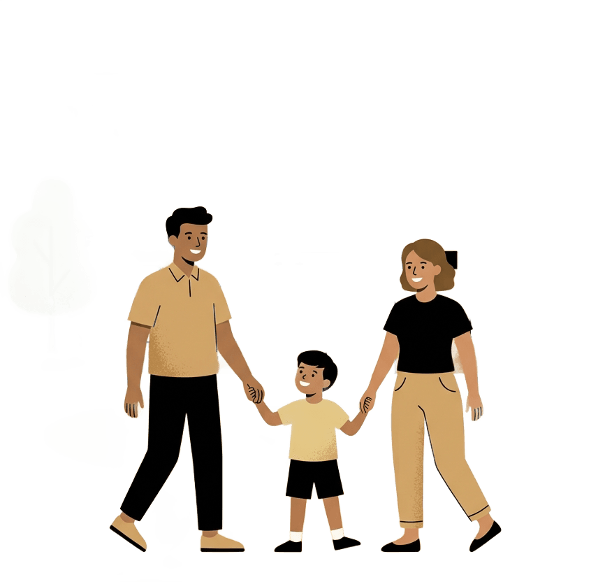 Warm and welcoming flat vector illustration of two adults and a child holding hands near a community recreation center building, surrounded by soft green trees and warm sunlight. A golden scholarship ribbon or certificate icon is visible. Color palette: desert sand (#F3E5DC), pale gold (#C5A069), black, and white. Clean lines, friendly, modern illustration style representing financial assistance and community support.
