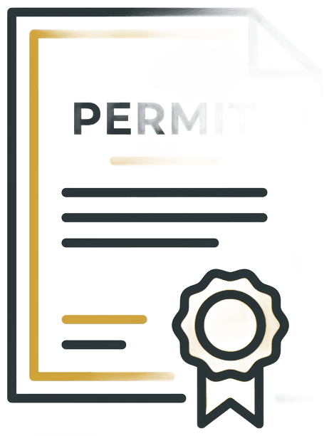 A clean minimalist vector illustration showing a permit document with a gold seal, set against a white background. The document has Mustard Gold (#ae9150) accents and dark charcoal (#212121) lines. Simple, icon-style artwork suitable for an infographic. Flat design, no shadows, professional and coastal in feel.