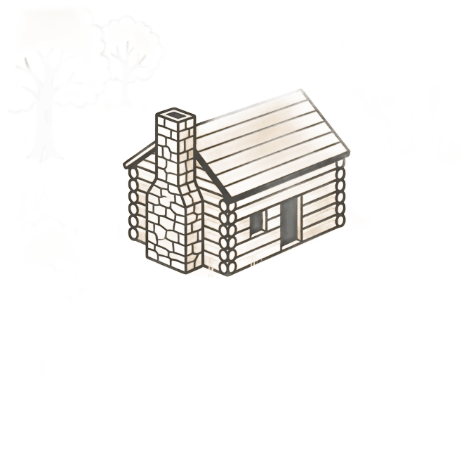 Flat vector illustration of a rustic 1830s pioneer log cabin with a stone chimney set in a clearing near a river, surrounded by tall Illinois prairie grass and oak trees, sepia and warm cream palette with dark gray #333333 outlines, simple clean shapes, depicting frontier life in early Naperville, top-down perspective slightly angled, charming and educational style