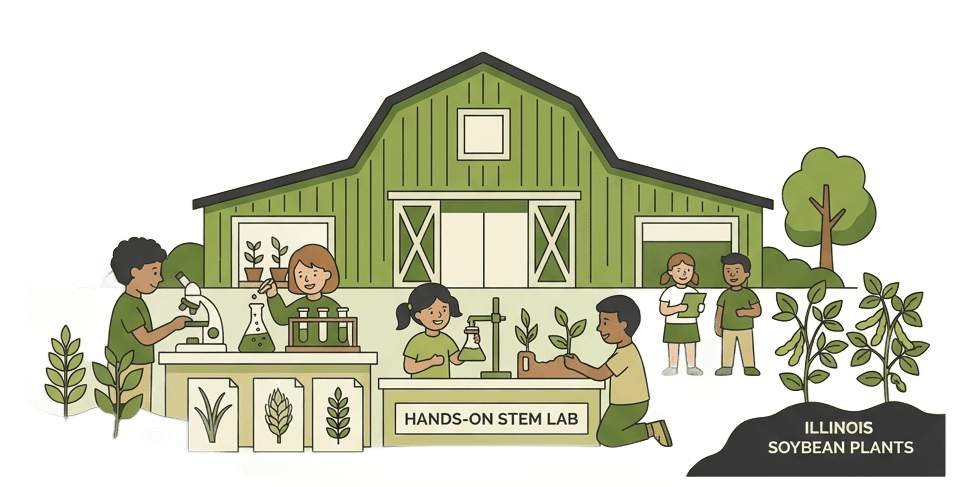 Flat vector illustration of a modern barn-inspired agriculture education center, children using hands-on STEM lab equipment surrounded by crop specimens and Illinois soybean plants, warm green and cream color palette with dark gray #333333 outlines, clean educational infographic style, cheerful and inviting atmosphere, minimal detail