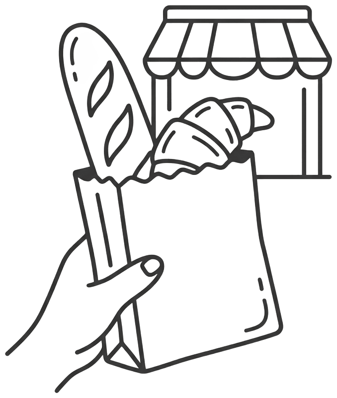 Flat monochrome vector illustration of a hand holding a paper bakery bag with a baguette and croissant peeking out, small storefront awning in the background. Rounded charcoal (#333333) line strokes on a light gray (#F5F5F5) background, minimal detail, friendly handcrafted feel, no text.