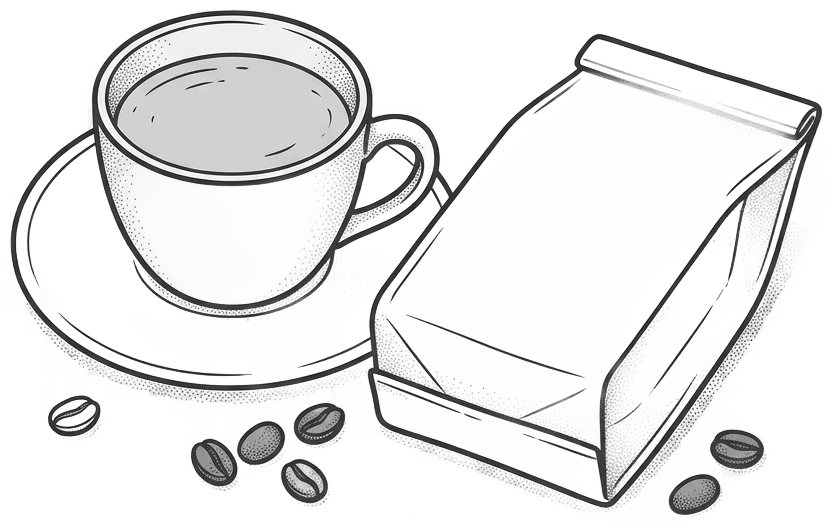 Create a refined editorial illustration on a transparent background: an unbranded ceramic coffee cup on a saucer beside a folded retail coffee bag, with a few scattered coffee beans. Use only charcoal #333333 and light gray #F5F5F5, fine confident outlines and subtle stippled shading. Slight overhead three-quarter view, compact balanced square composition, generous clear margins, no lettering, no logos, no background scene. The illustration accompanies a minimalist Naperville coffee buying guide.