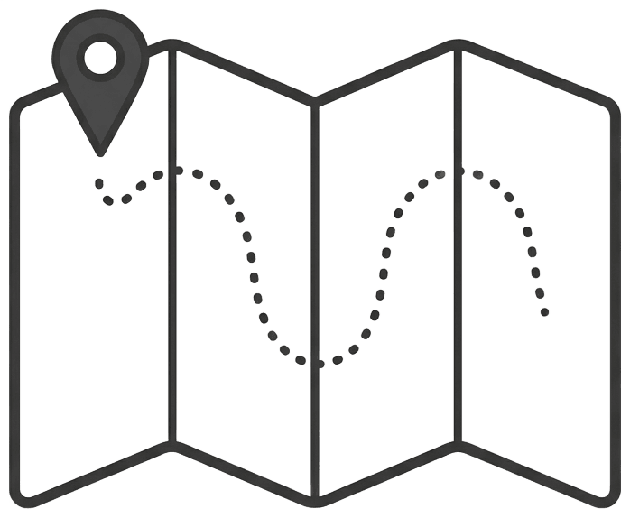 Create a minimal editorial vector illustration of a folded paper map with a single entrance pin and a dotted winding route. Charcoal #333333 linework and white map panels on transparent background matching #F5F5F5. Use rounded corners, crisp geometric shapes, restrained flat shading and generous negative space. No text, letters, numbers, labels, real street layouts, geographic boundaries or logos. Keep all illustration elements centered and comfortably inside the square composition.