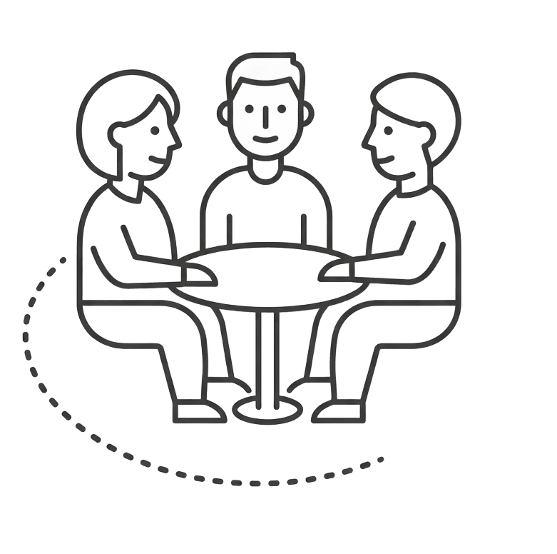 Create a refined monochrome editorial vector illustration of welcoming community participation: three abstract adult figures gathered around a small round table, with a gently curving dotted path leading toward them. Use charcoal #333333 outlines, light gray #F5F5F5 shapes, subtle paper-cut depth and generous transparent negative space. Friendly, inclusive, modern civic-guide aesthetic; simple geometric faces without specific identities. Square composition, all shapes contained within the canvas, no lettering, numbers, symbols resembling logos, geographic landmarks or signage.