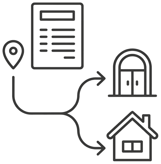 Create a minimalist editorial vector illustration of a report sheet with a small location pin and a branching routing arrow leading to a simple public office doorway and a private house. Dark gray #333333 strokes, light gray #F5F5F5 accents, transparent background. Balanced square composition, rounded line ends, generous negative space, no words, no letters, no numbers, no official seals, no map boundaries. Crisp flat artwork suitable for a restrained civic service infographic.