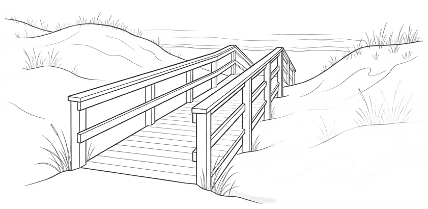 Minimal editorial vector illustration of a generic coastal dune crossover leading toward the Gulf beach, charcoal #333333 fine outlines on transparent background with light gray #F5F5F5 accents, simple wooden walkway rails, subtle dune contours and calm horizon, no people, no signs, no letters, no numbers, no map or location-specific architecture. Quiet public-safety field-guide aesthetic, generous negative space, square composition.